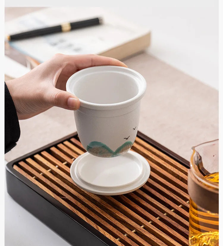 Hand-Painted Mountain Ceramic Tea Set with Tea Holder – 6-Piece Teapot & Four Cups Gift Box