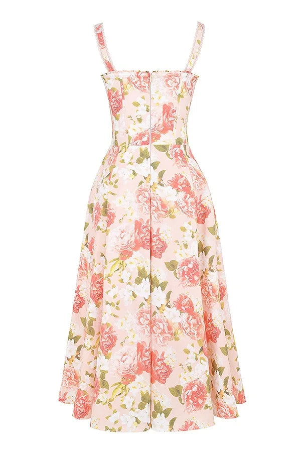 Roselisse Rose Print Corset Midi Dress with Wide Straps – Floral A-Line Summer Dress, Wedding Guest & Occasion Dress