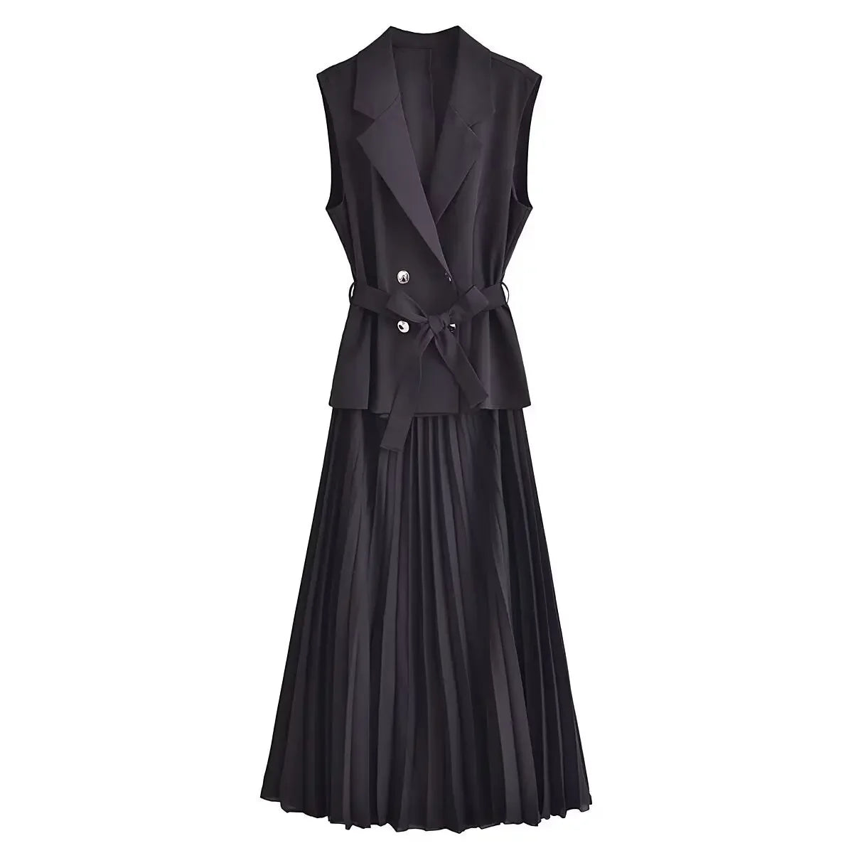 Nerina Double-Breasted 2 Piece Pleated Midi Dress – Sleeveless Blazer Top & Skirt Set in Black, Cream or Beige