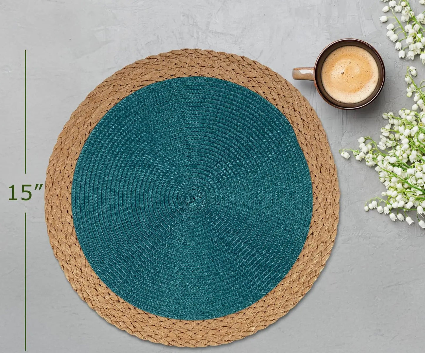 Two Tone Round Braided Placemats – 6 Piece Table Mat Set 38cm Woven Dining Placemats for Kitchen Table Setting and Home Décor