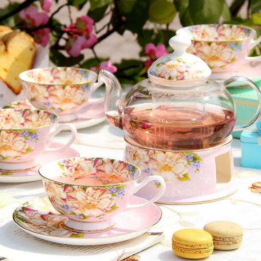 Floral English Tea Set with Glass Teapot & Porcelain Cups – Vintage Afternoon Tea Gift Set