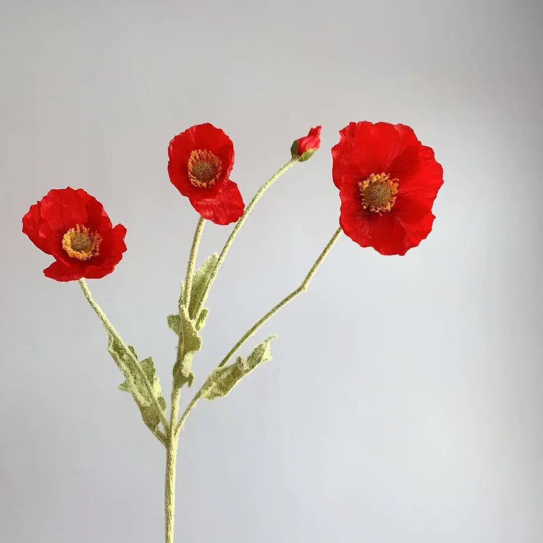 Meadow Poppy Stem Bundle – Silk Poppy Flower Stem with 3 Blooms and 1 Bud for Vase Arrangements and Home Styling