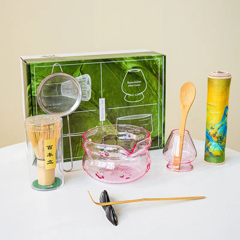 Matcha Tea Ceremony Set – Pink/ Blue Glass Matcha Bowl With Bamboo Whisk, Scoop & Accessories 4/5/7/8 Piece Set
