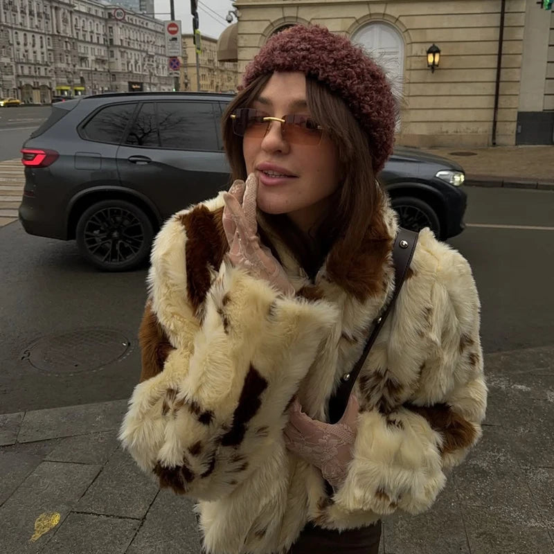 Calvaya Cropped Faux Fur Jacket – Women’s Luxury Cow Print Animal Faux Fur Coat for Winter Outfits & Statement City Style