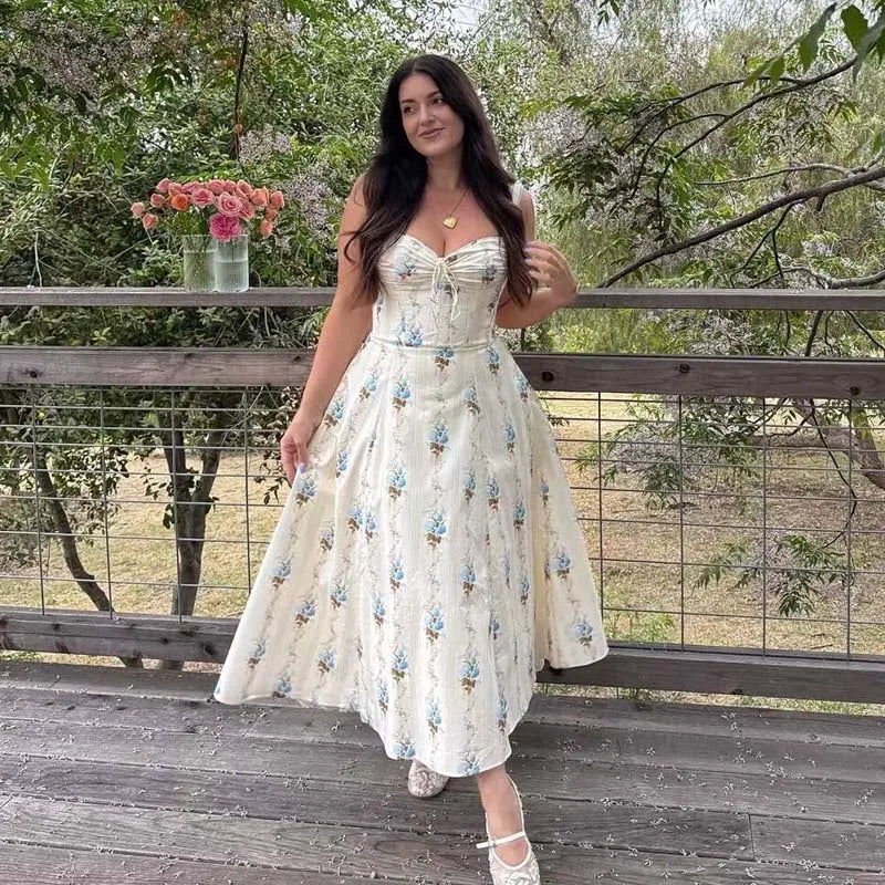 Florielle Floral A-Line Midi Dress with Wide Straps – Corset Style Summer Dress, Holiday Dress & Wedding Guest Outfit