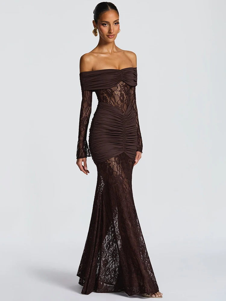 Fiolana Off-Shoulder Lace Maxi Dress – Long Sleeve Ruched Occasion Gown for Eveningwear, Party Outfits and Wedding Guest Looks