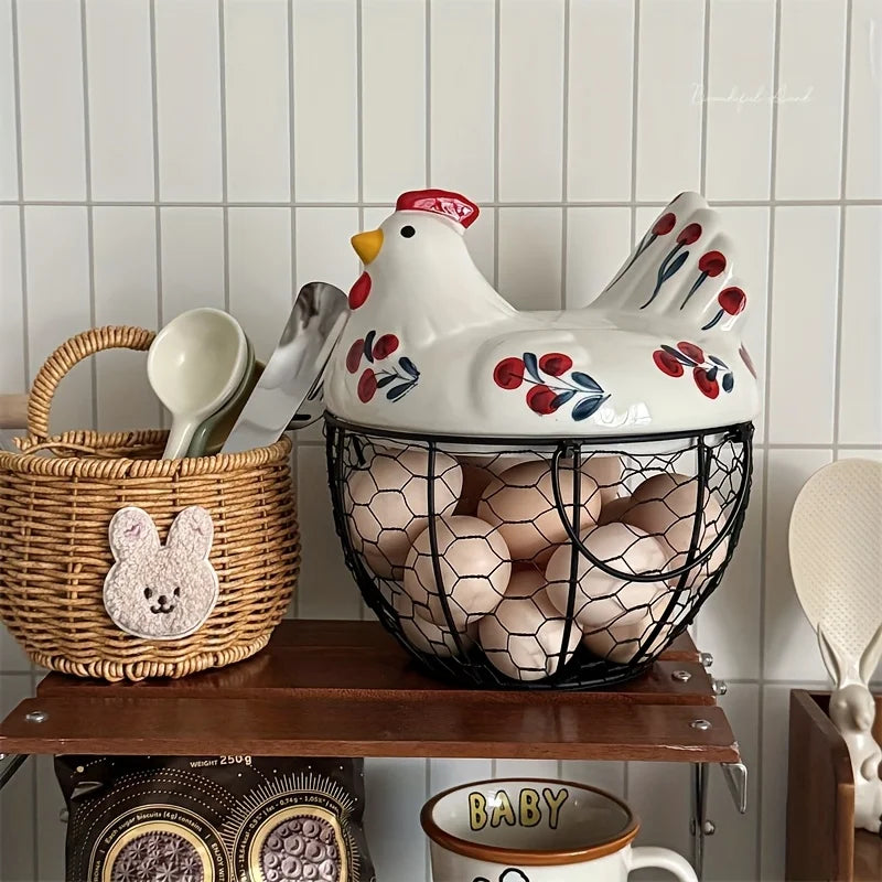 Clovelle Hen Ceramic Egg Holder Basket – Farmhouse Chicken Egg Storage Container with Lid for Kitchen Counter, Fruit and Vegetable Storage
