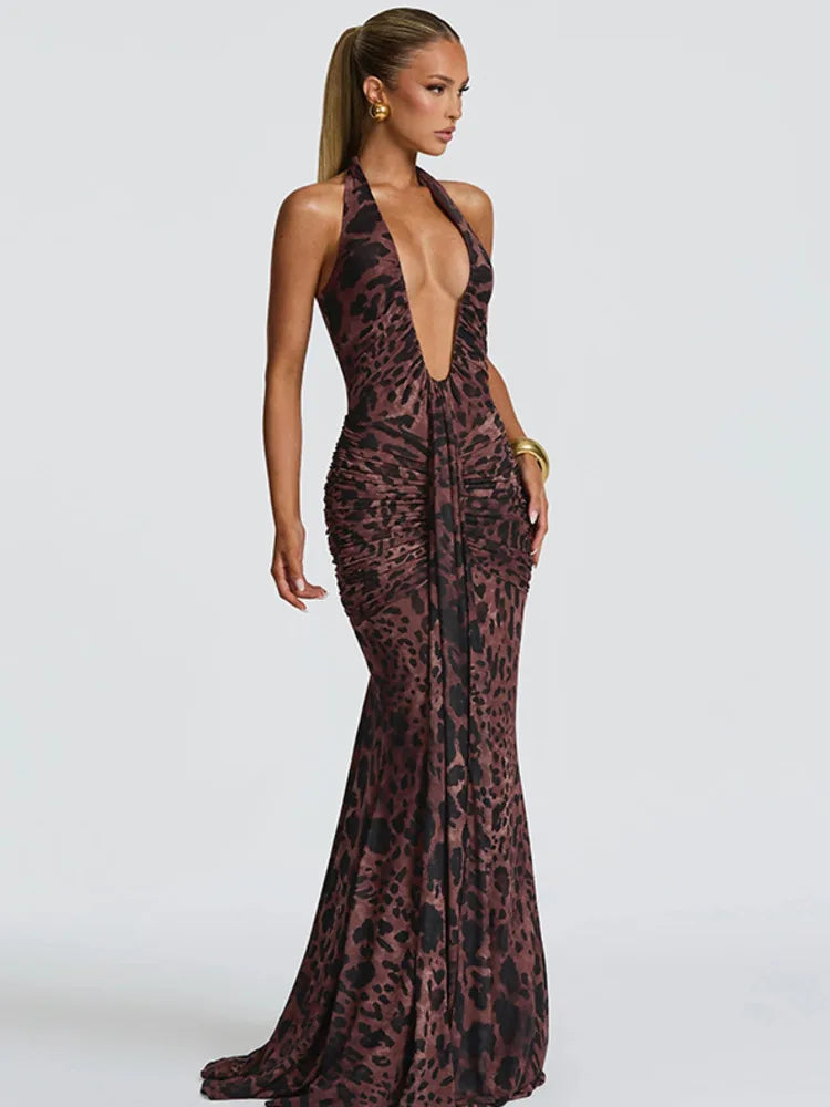 Zayara Halter Leopard Print Maxi Dress – Plunge Ruched Bodycon Evening Dress for Women’s Partywear & Formal Events