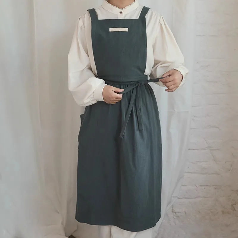 Classic Tie-Waist Apron Dress – Adjustable Kitchen & Baking Apron with Pockets