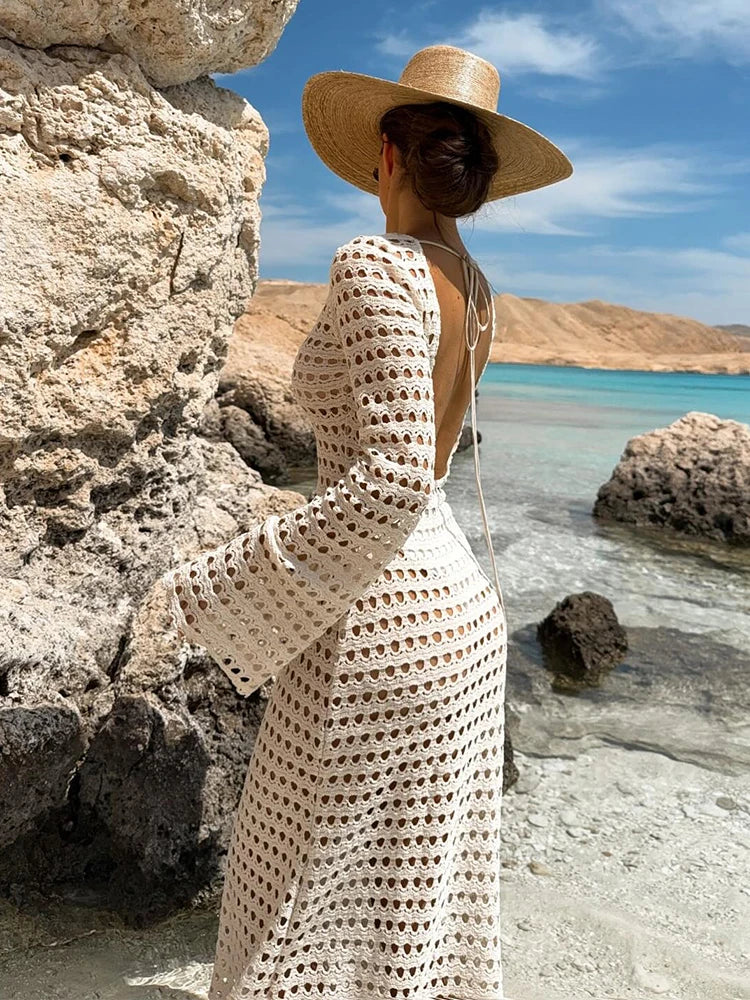 Zarevia Backless Crochet Knit Maxi Dress – Long Sleeve Sheer Swimwear Cover Up with Flared Cuffs