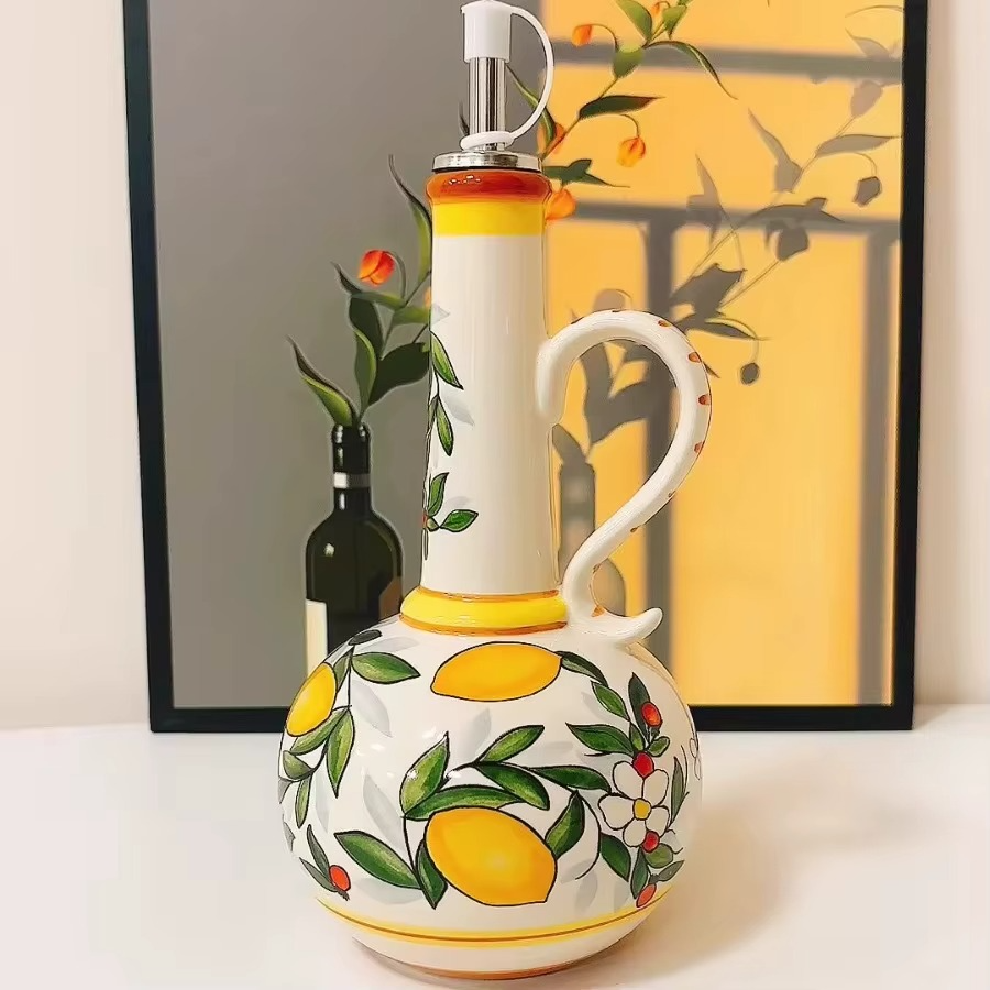 Sorrento Ceramic Olive Oil or Vinegar Bottle – Hand-Painted Mediterranean Lemon Cruet with Pourer