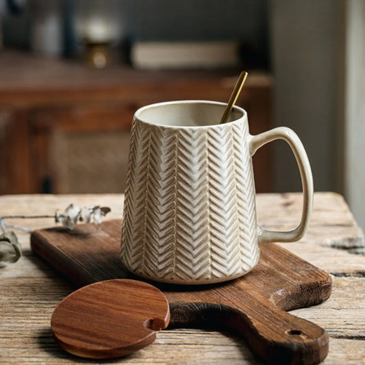 Wheat Weave Embossed Ceramic Mug with Wooden Lid & Spoon