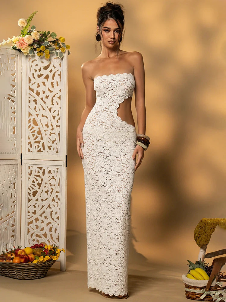 Azmira Strapless Lace Maxi Dress – White & Mustard Yellow Cut-Out Beach Holiday Dress