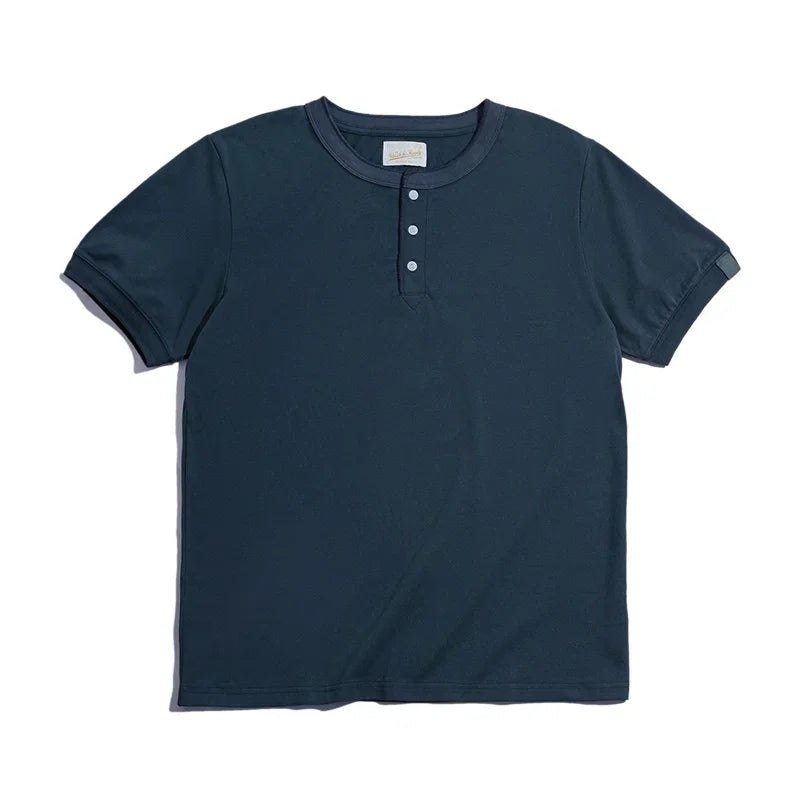 Henley Buttoned Short Sleeve T-Shirt – Premium Structured Fit Essential in Navy, Cream, Grey & Army Green