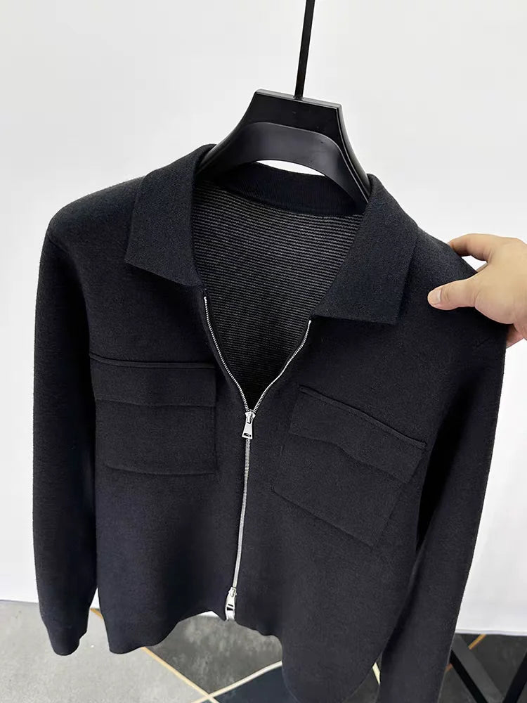 Men's Wool Blend Zip-Up Cardigan Jacket – Smart Casual Knit Overshirt with Utility Pockets and Turn-Down Collar
