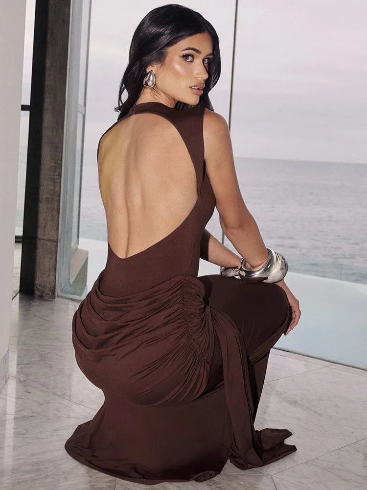 Alinaya Backless Bodycon Ruched Maxi Dress – Sculpting Evening Gown for Partywear, Weddings & Formal Events