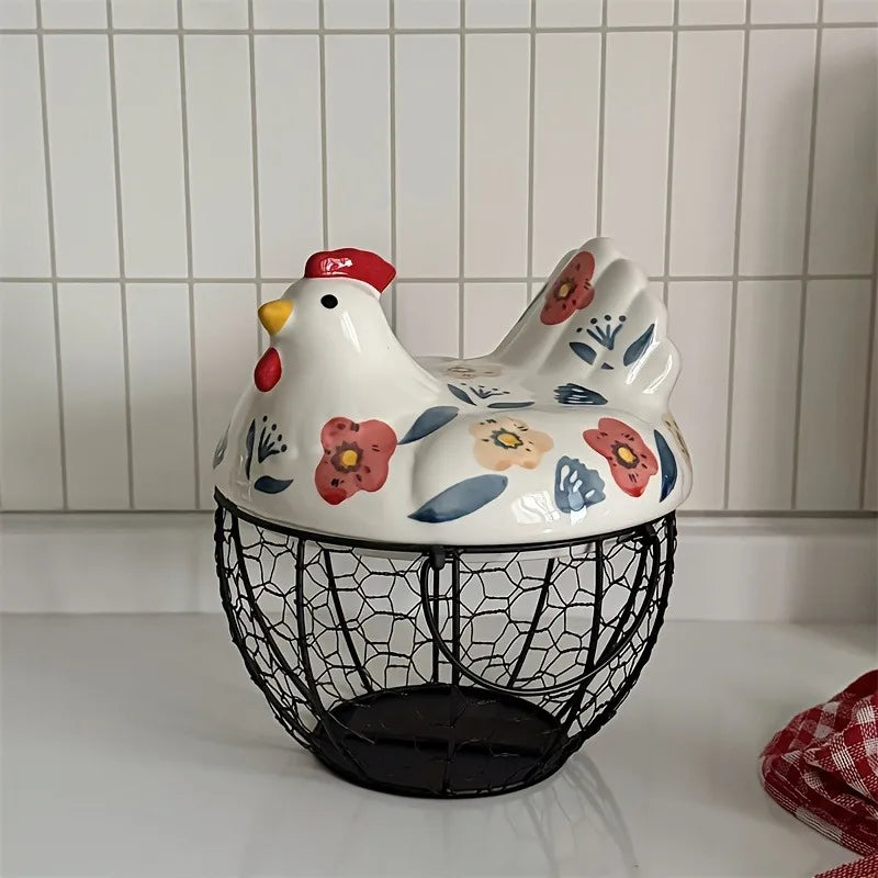 Clovelle Hen Ceramic Egg Holder Basket – Farmhouse Chicken Egg Storage Container with Lid for Kitchen Counter, Fruit and Vegetable Storage