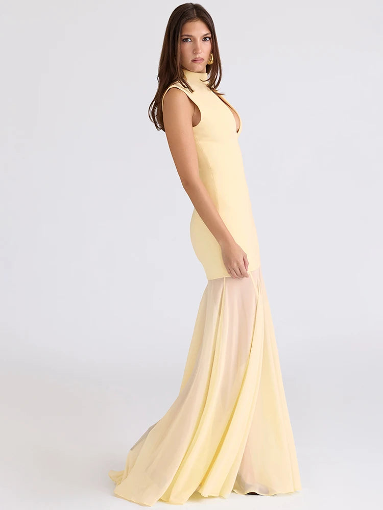 Averine High Neck Cut-Out Maxi Dress – Sleeveless Evening Gown with Sheer Fishtail Hem for Partywear & Wedding Guests