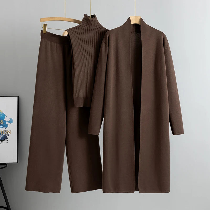 Aravelle Three-Piece Knit Co-Ord Set – Ribbed High Neck Top, Longline Cardigan and Wide-Leg Trousers