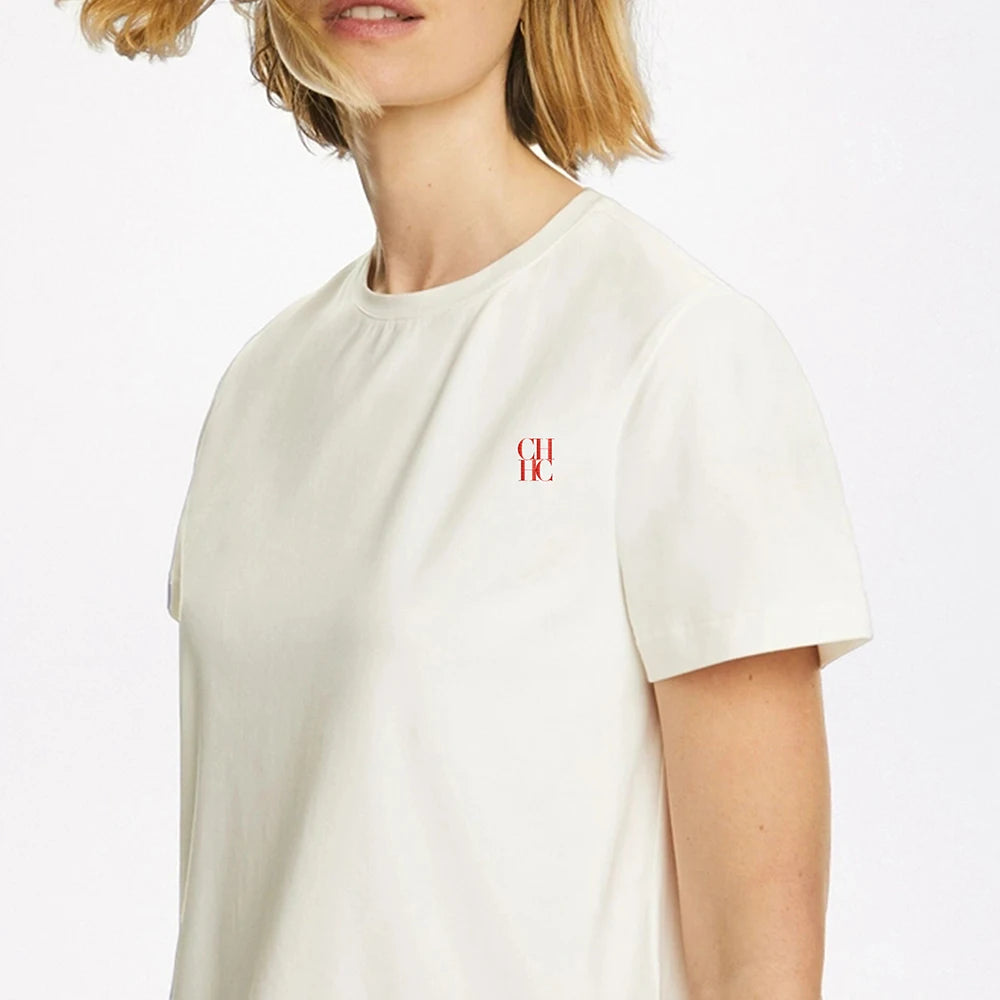 Renée Logo Detail Cotton T-Shirt – Minimalist Short Sleeve Tee in Off-White