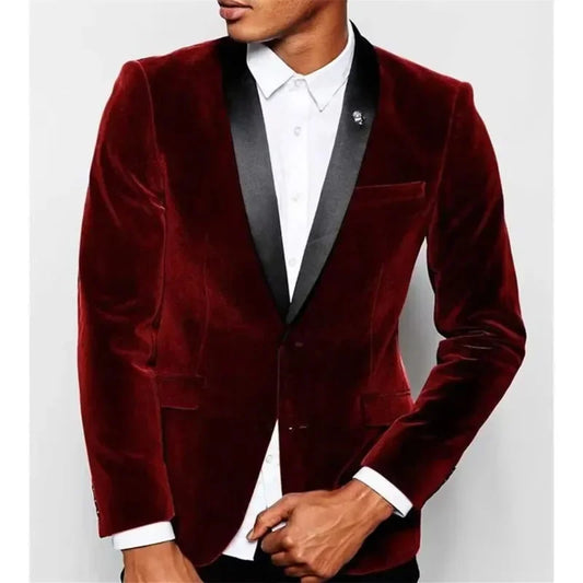 Burgundy Velvet Blazer for Men – Slim Fit Tuxedo Style Dinner Jacket with Black Satin Lapel