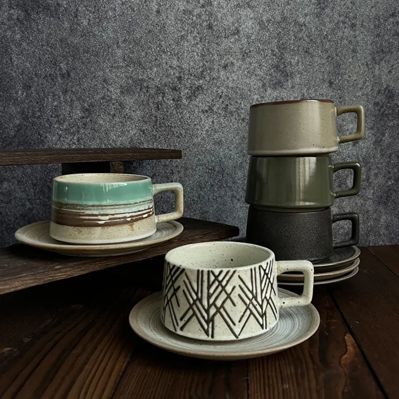 Cavella Patterned Tea and Coffee Cup Set – Textured Ceramic Cup and Saucer 250ml