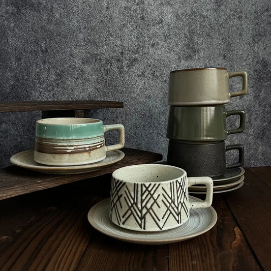 Cavella Patterned Tea and Coffee Cup Set – Textured Ceramic Cup and Saucer 250ml
