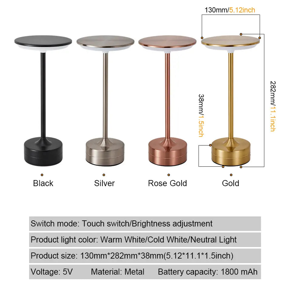 Cordless Metal Table Lamp – Modern LED Touch Control Desk, Dinner Table & Bedside Light