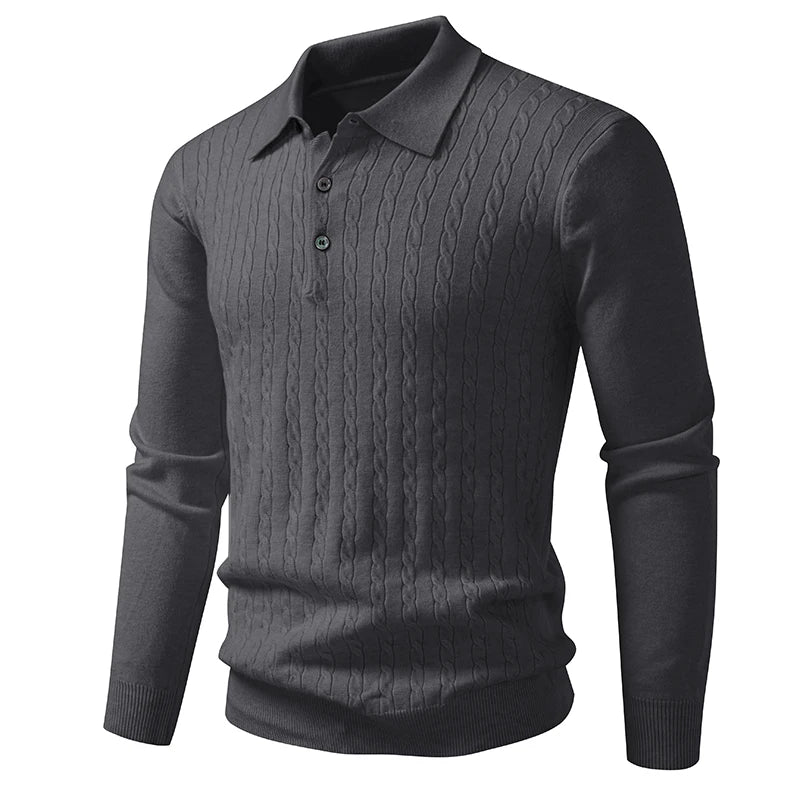 Mens Textured Knit Polo Jumper – Cable Knit Long Sleeve Pullover with Button Neck