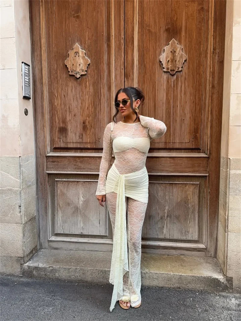 Vionara Lace Sheer Jumpsuit with Draped Wrap Detail – Long Sleeve Mesh Eveningwear for Party & Occasion Outfits