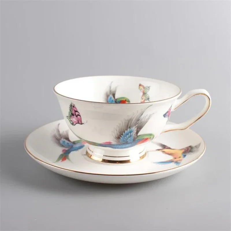 Botanical Bird Cup and Saucer Set – Hand Painted Ceramic Tea Set