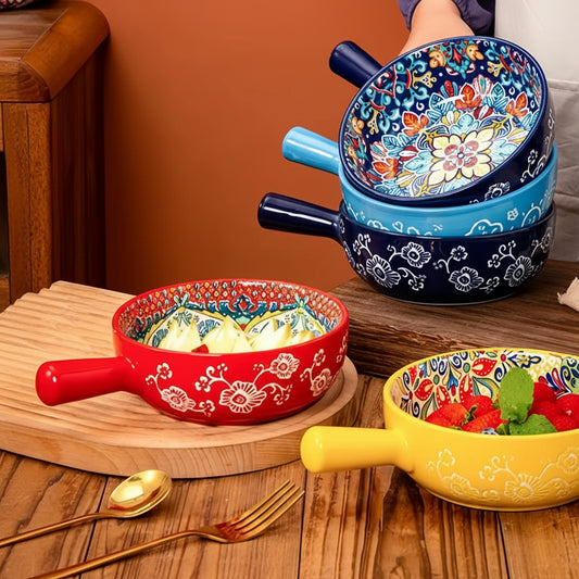 Maravelle Hand-Painted Ceramic Serving Bowl with Handle 650ml – Microwave & Oven Safe Soup, Salad & Pasta Bowl