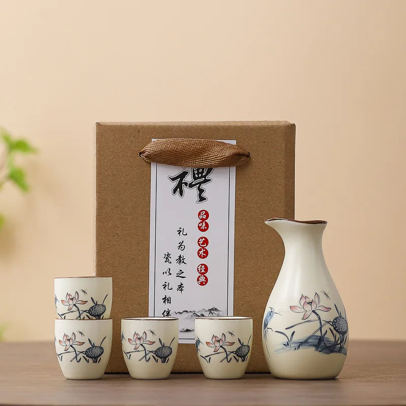 Sakura Blossom Ceramic Sake Gift Set – 5 Piece Sake Carafe and Cup Set