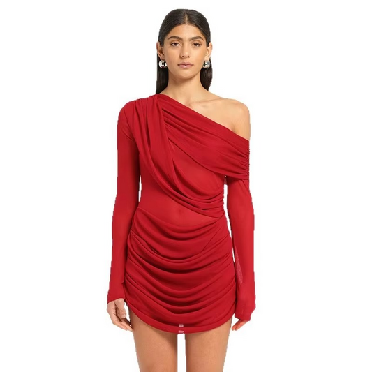 Valeryn One-Shoulder Draped Mesh Mini Bodycon Dress – Long Sleeve Clubwear & Evening Party Dress