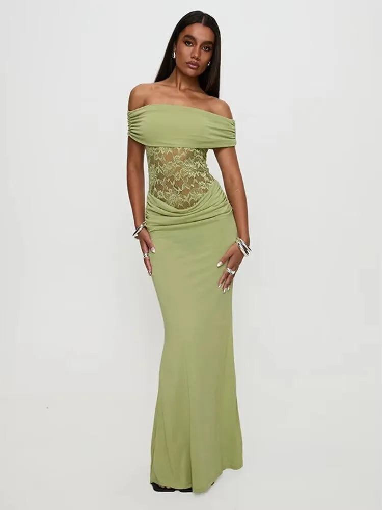 Eloria Off Shoulder Lace Maxi Dress – Bodycon Evening Dress, Elegant Green Party & Occasion Dress