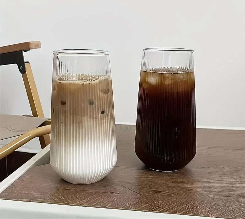 Ribbed Drink Glass Cups with Bamboo Lid & Glass Straw – 2 - Piece Reusable Tumbler Set