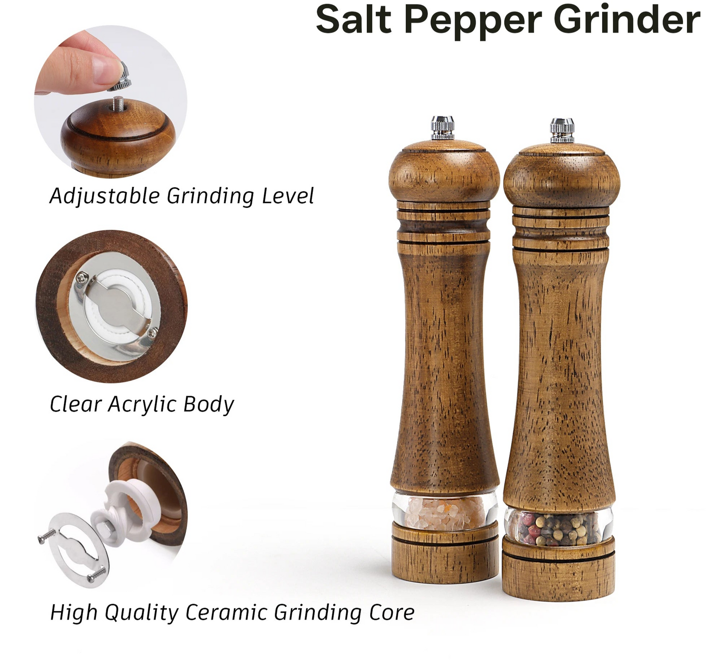 Premium Wooden Salt and Pepper Grinder Set – Adjustable Ceramic Mill with Clear Acrylic Window