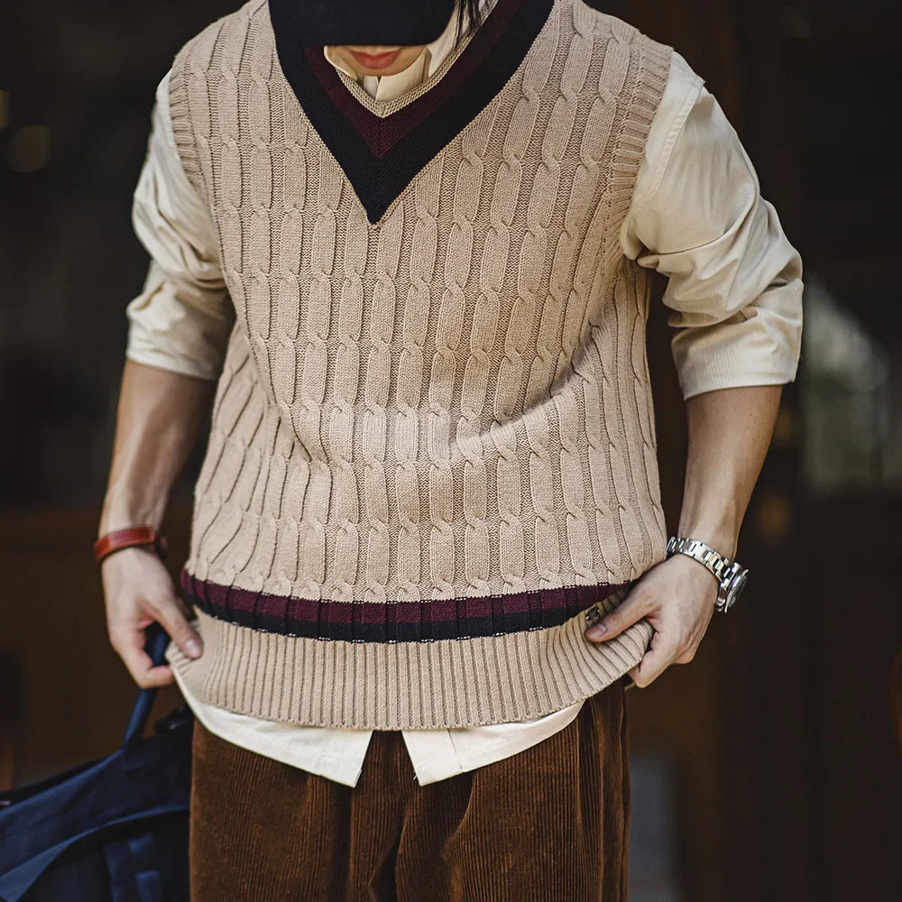 Colston Men’s Cable Knit V-Neck Sleeveless Jumper – Taupe Ribbed Hem Knitwear Vest with Contrast Stripe Trim