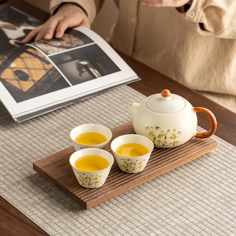 Bamboo Grove Ceramic Travel Tea Set – Teapot and 4 Teacups Portable Tea Set with Carry Case for Home, Gifting and Outdoor Use