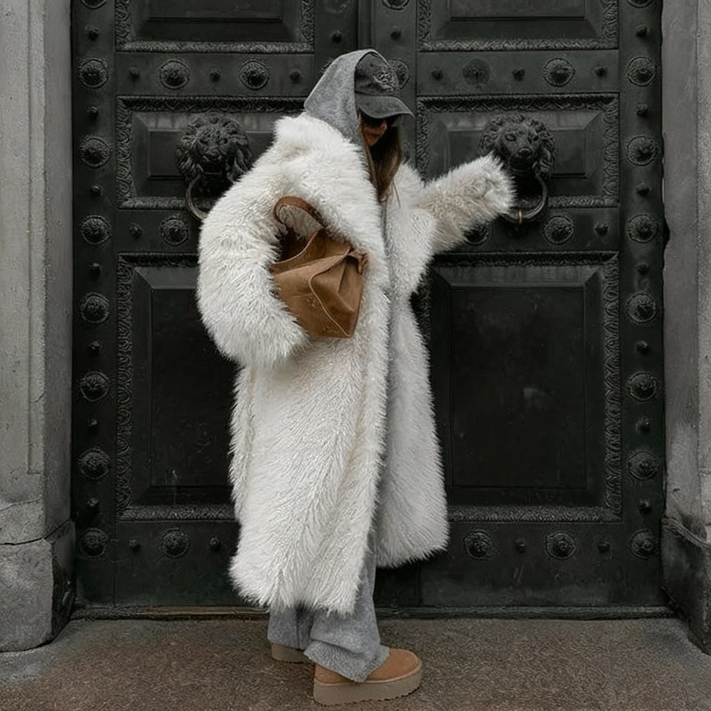 Avalora Longline Plush Faux Fur Coat – Women’s Luxury White Faux Mink Statement Winter Coat for Daywear, Evening & Occasion Looks