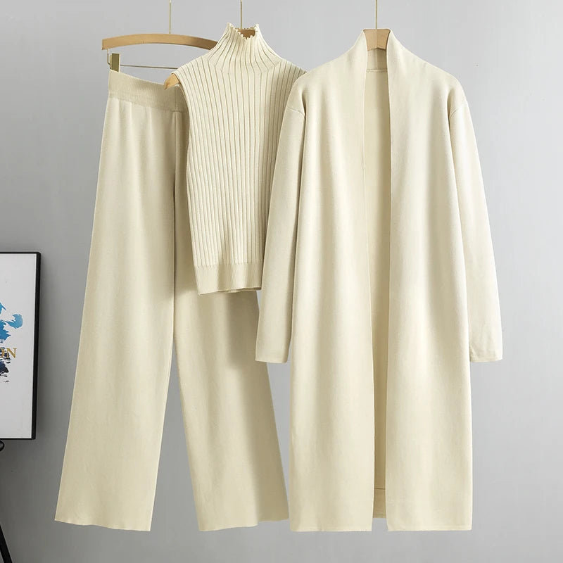 Aravelle Three-Piece Knit Co-Ord Set – Ribbed High Neck Top, Longline Cardigan and Wide-Leg Trousers