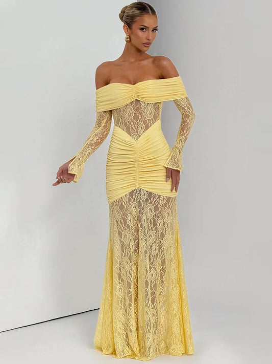 Fiolana Off-Shoulder Lace Maxi Dress – Long Sleeve Ruched Occasion Gown for Eveningwear, Party Outfits and Wedding Guest Looks