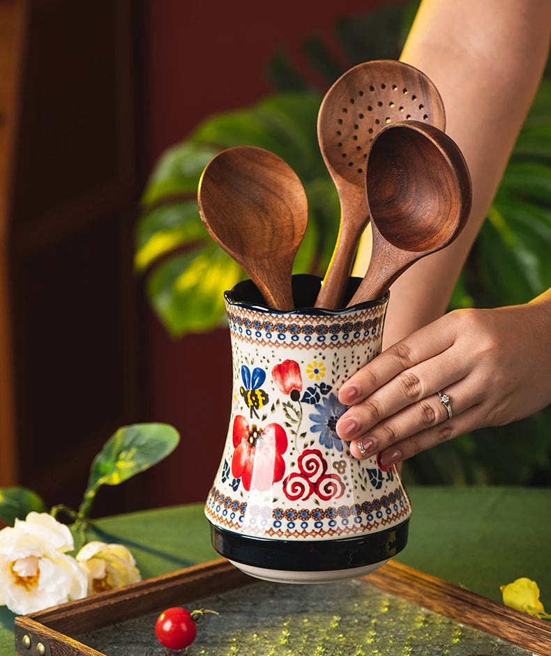 Floria Ceramic Utensil Holder – Floral Kitchen Utensil Caddy with Drain Base, Cutlery Holder, Spoon Fork Storage Organiser