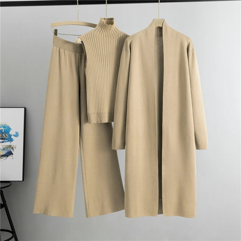 Aravelle Three-Piece Knit Co-Ord Set – Ribbed High Neck Top, Longline Cardigan and Wide-Leg Trousers