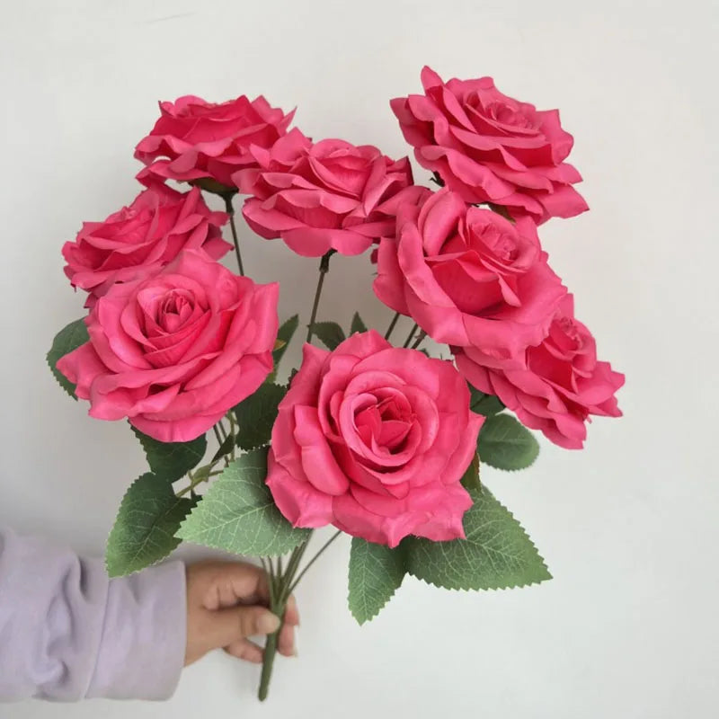 Rosara Silk Rose Bouquet – 9 Head Faux Rose Arrangement Decorative Flower Bunch