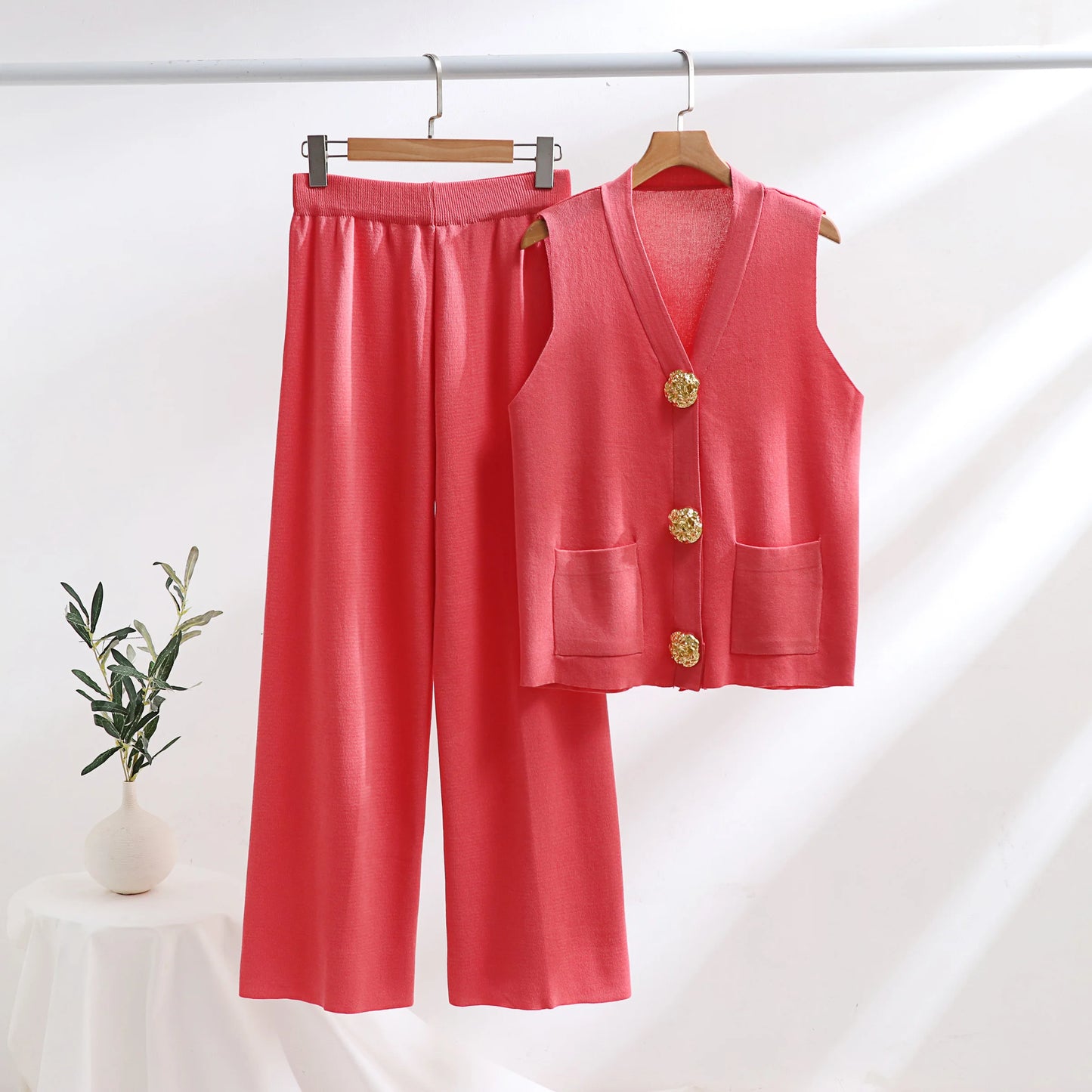 Solvaira Gold Button Knit Co-Ord Set – Sleeveless Knit Two Piece with Wide Leg Trousers for Summer & Holiday Outfits