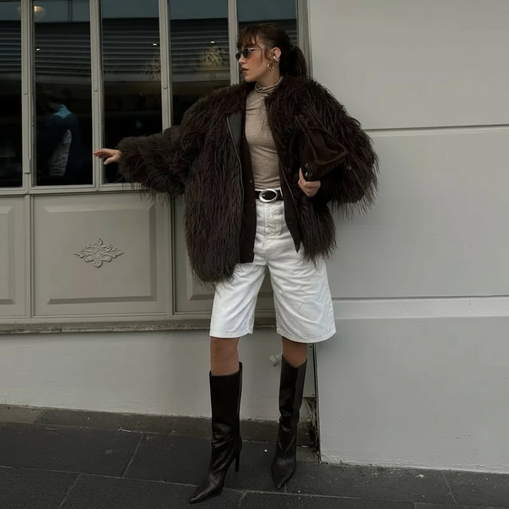 Maevra Oversized Mongolian-Style Faux Fur Jacket – Mocha Fluffy Faux Fur Coat for Women