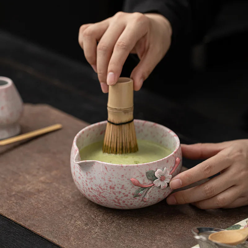 Blossom & Flecked Glaze Matcha Whisk Gift Set – Japanese Matcha Tea Set with Bamboo Whisk, Bowl & Accessories