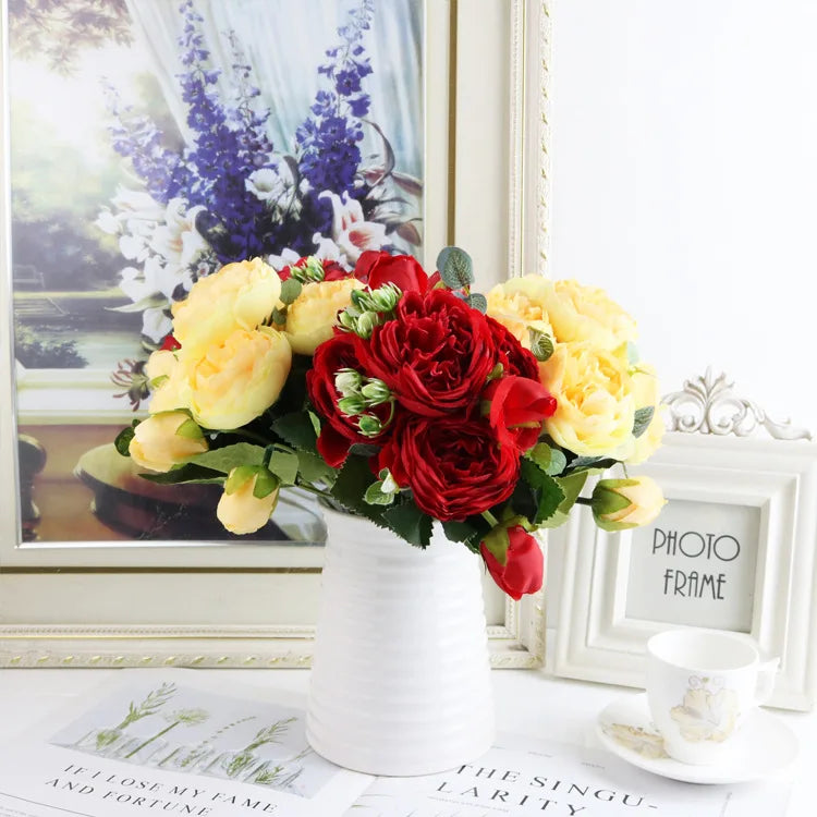 Peonelle Silk Peony Flower Bundle – 5 Head Faux Peony Stem with Buds Decorative Floral Arrangement