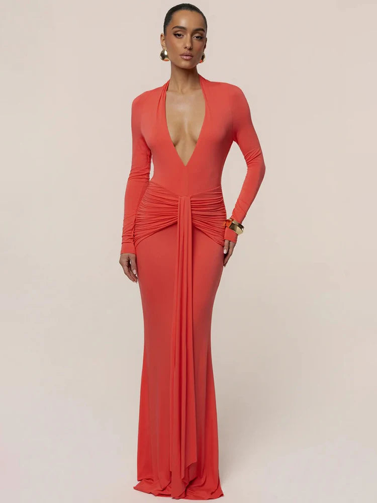 Virelia Plunge Neck Maxi Dress – Ruched Open Back Occasion Dress